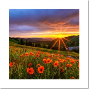 Beautiful landscap flowers and sunset Posters and Art